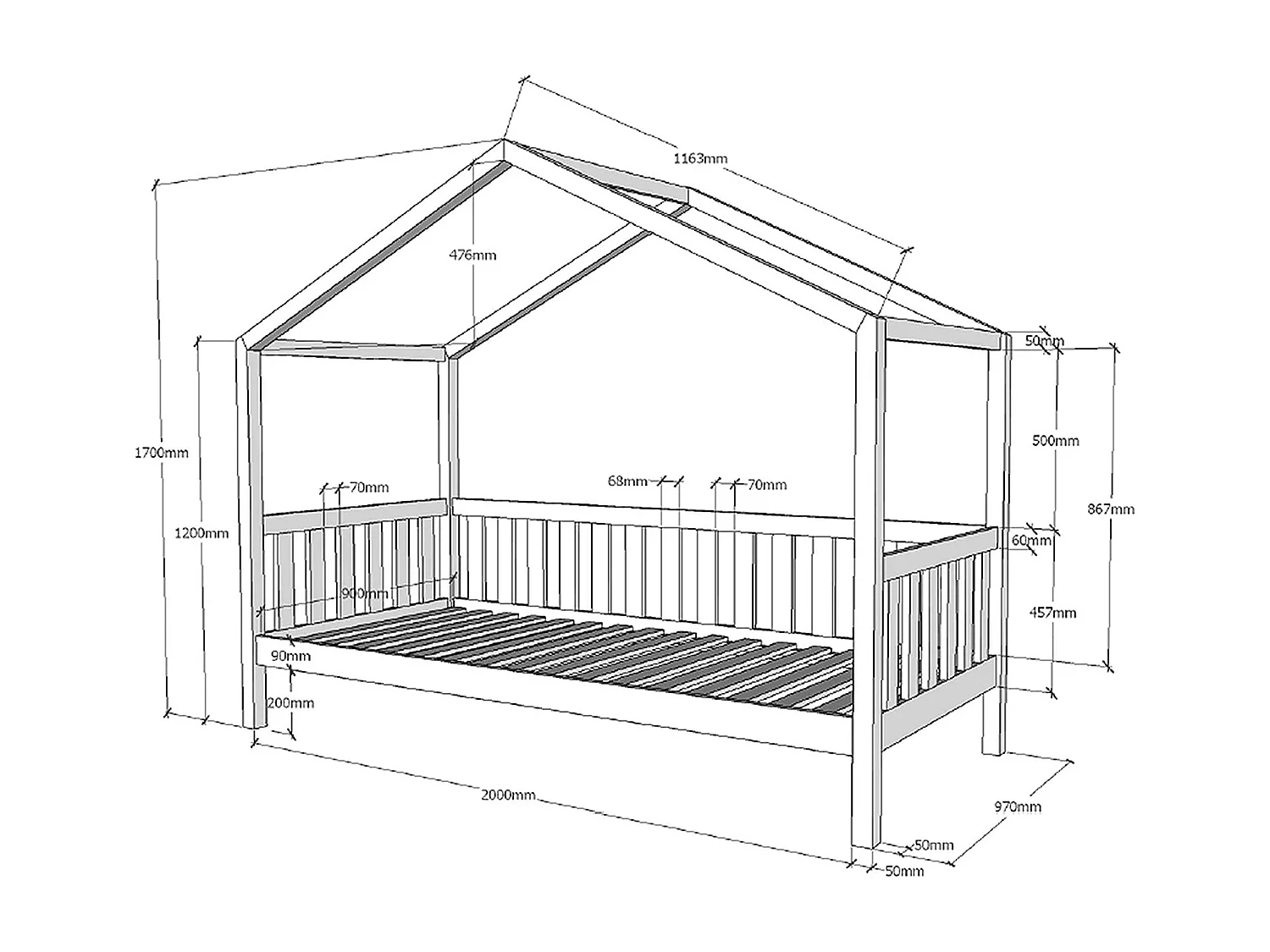 Lit Enfant Cabane & Barrière "Dallas II" 90x200cm Blanc