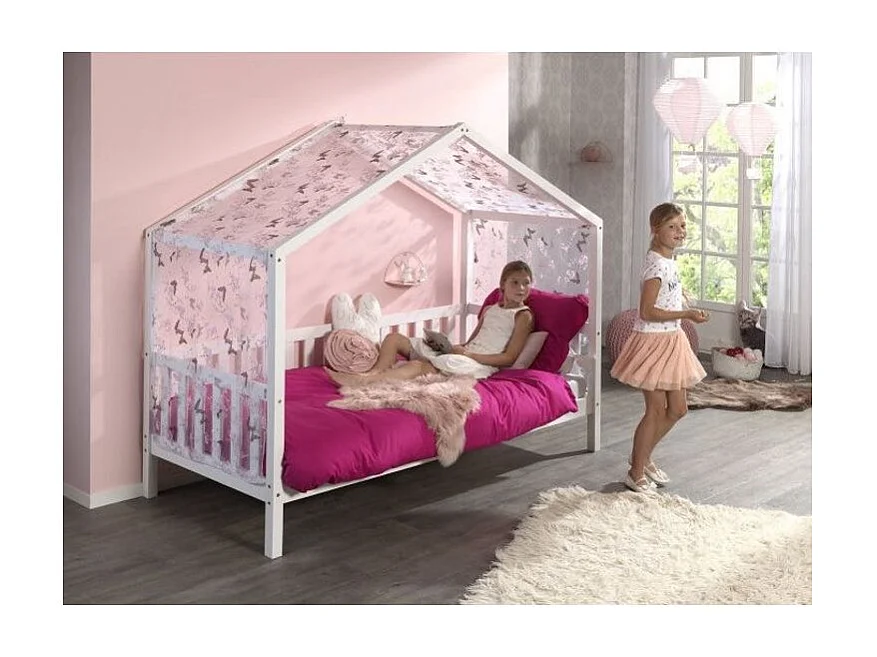 Lit Enfant Cabane & Barrière "Dallas II" 90x200cm Blanc