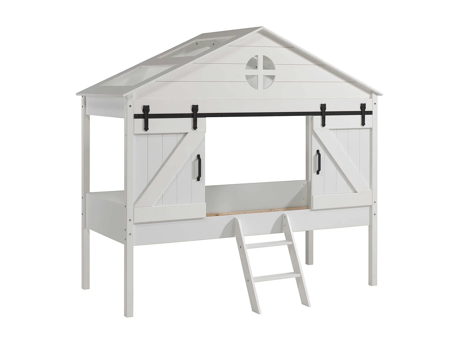 Pack - Lit Cabane Enfant & Sommier "Barnie" 90x200cm Blanc