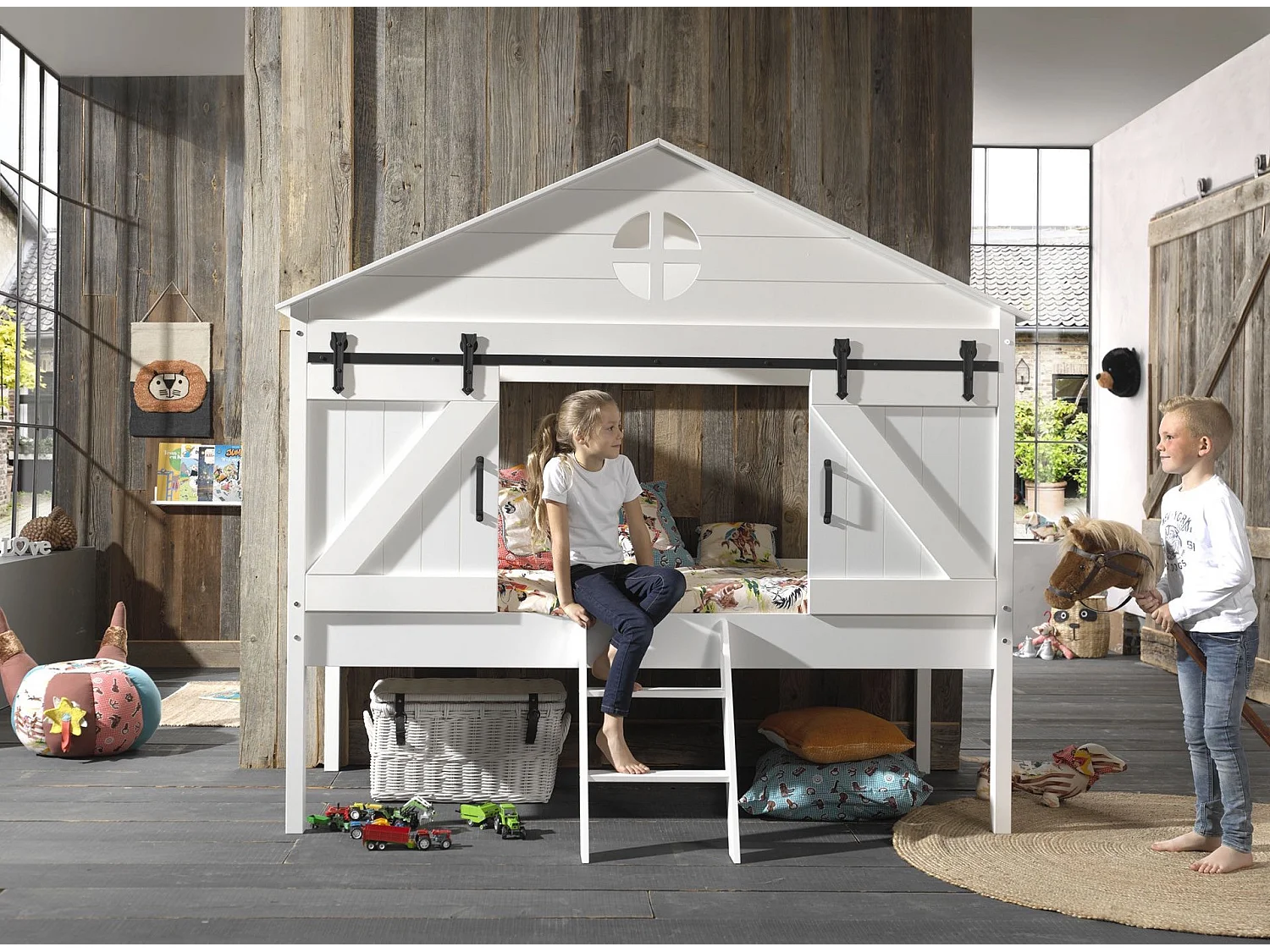 Pack - Lit Cabane Enfant & Sommier "Barnie" 90x200cm Blanc