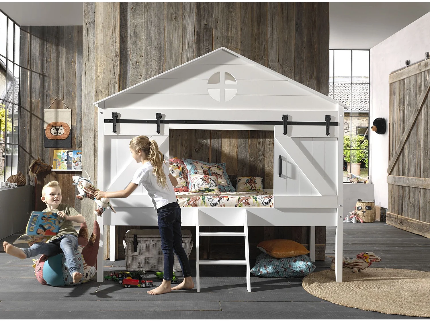 Pack - Lit Cabane Enfant & Sommier "Barnie" 90x200cm Blanc