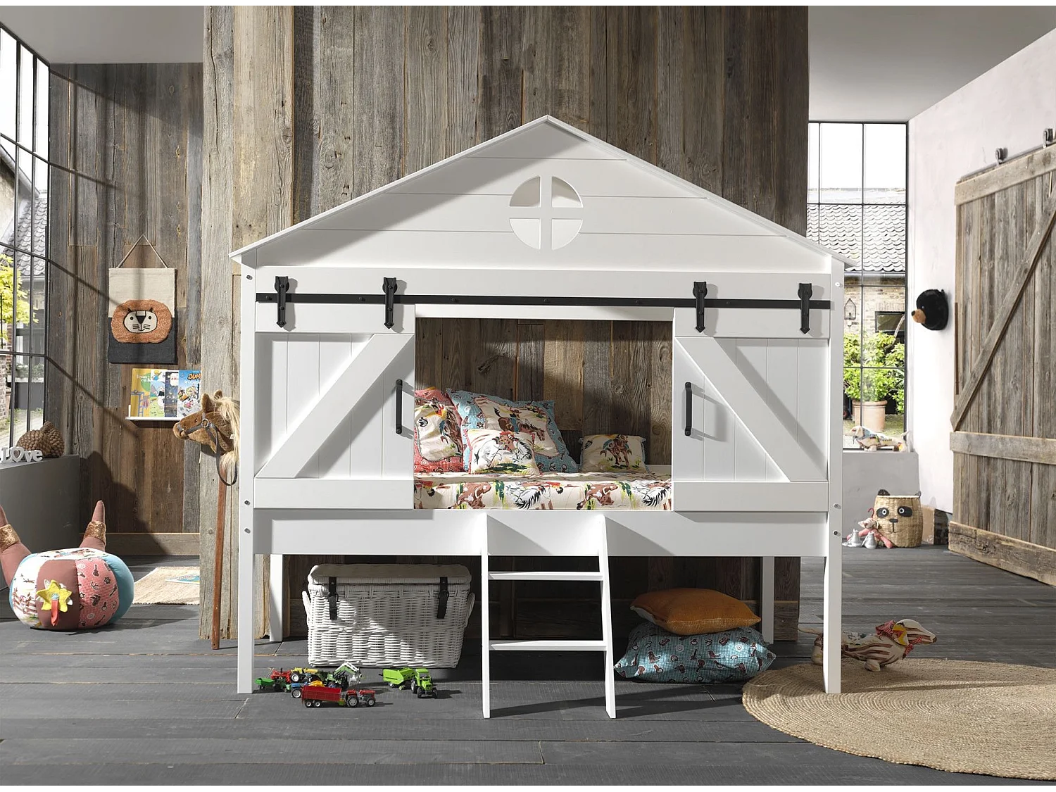 Pack - Lit Cabane Enfant & Sommier "Barnie" 90x200cm Blanc