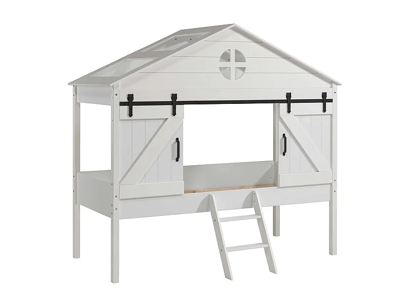 Pack - Lit Cabane Enfant & Sommier "Barnie" 90x200cm Blanc