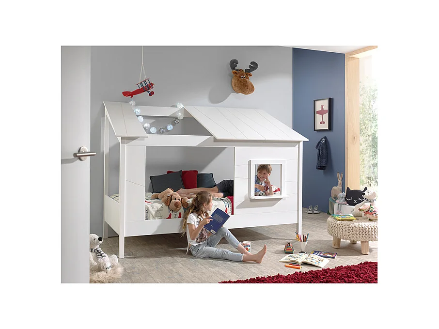 Pack - Lit Cabane Enfant & Sommier "Housebed II" 90x200cm Blanc
