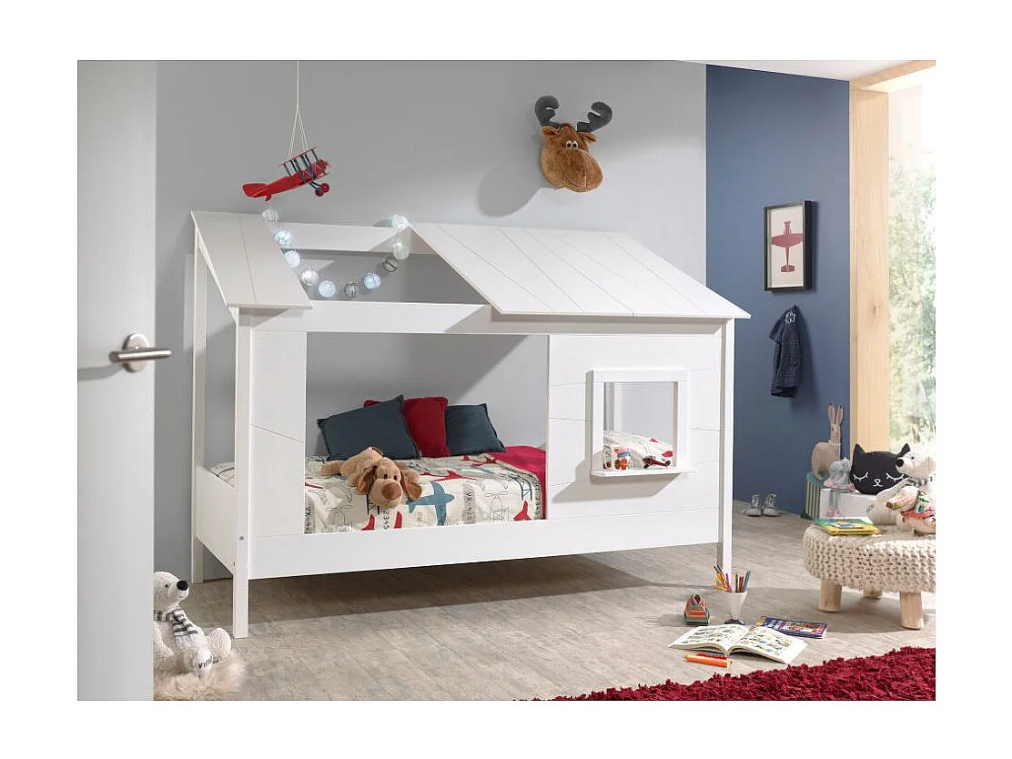 Pack - Lit Cabane Enfant & Sommier "Housebed II" 90x200cm Blanc