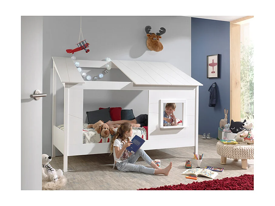 Pack - Lit Cabane Enfant & Sommier "Housebed II" 90x200cm Blanc