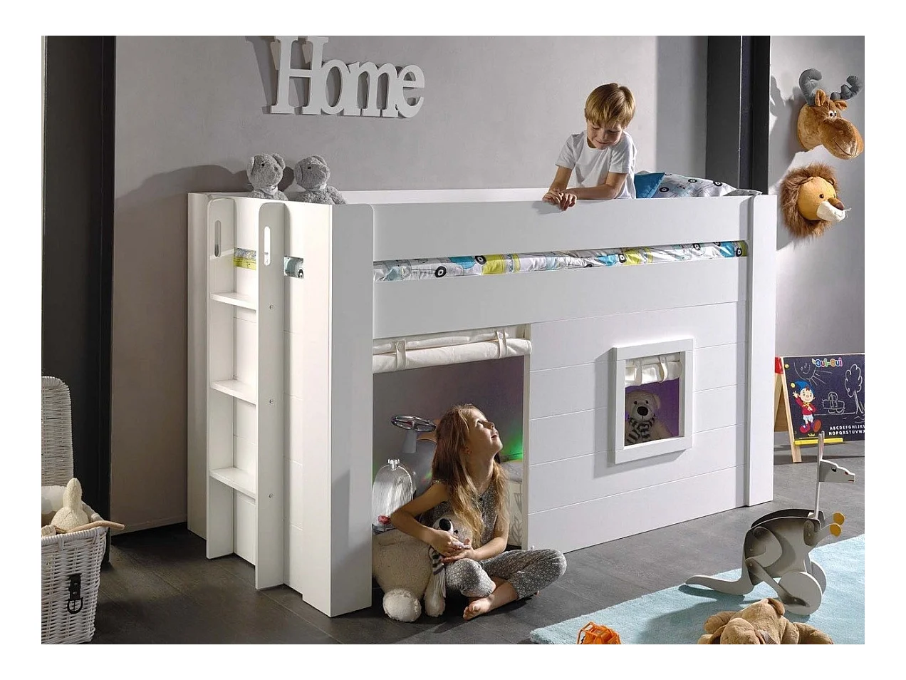 Cama infantil Noah Mezzanine Cabin 90x200 cm de madera lacada en blanco