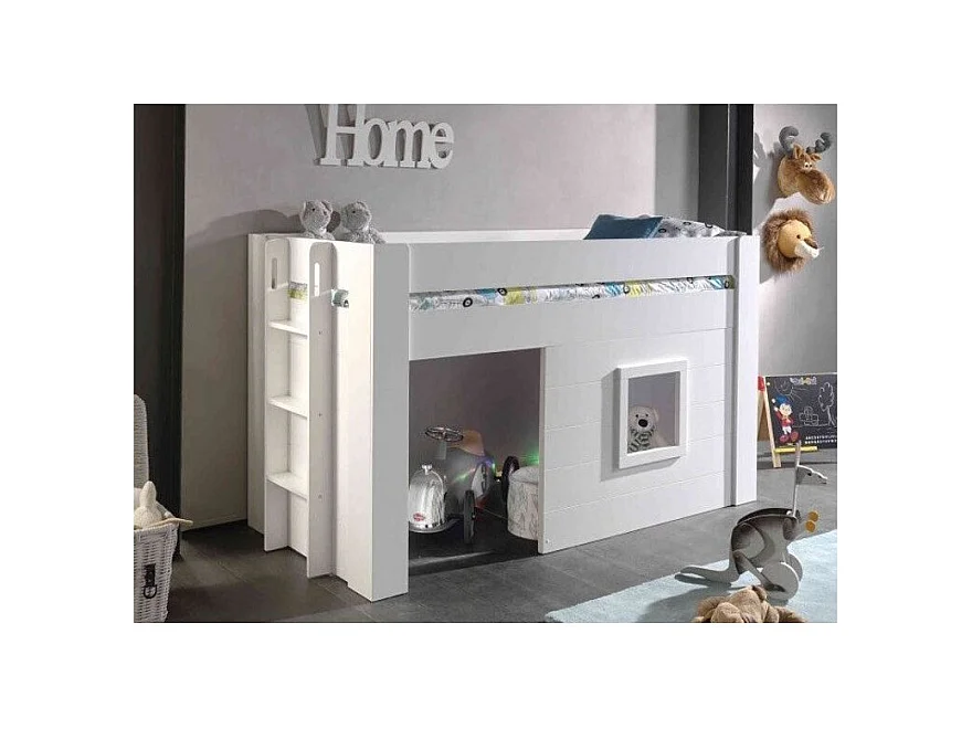 Cama infantil Noah Mezzanine Cabin 90x200 cm de madera lacada en blanco