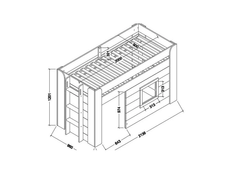 Cama infantil Noah Mezzanine Cabin 90x200 cm de madera lacada en blanco