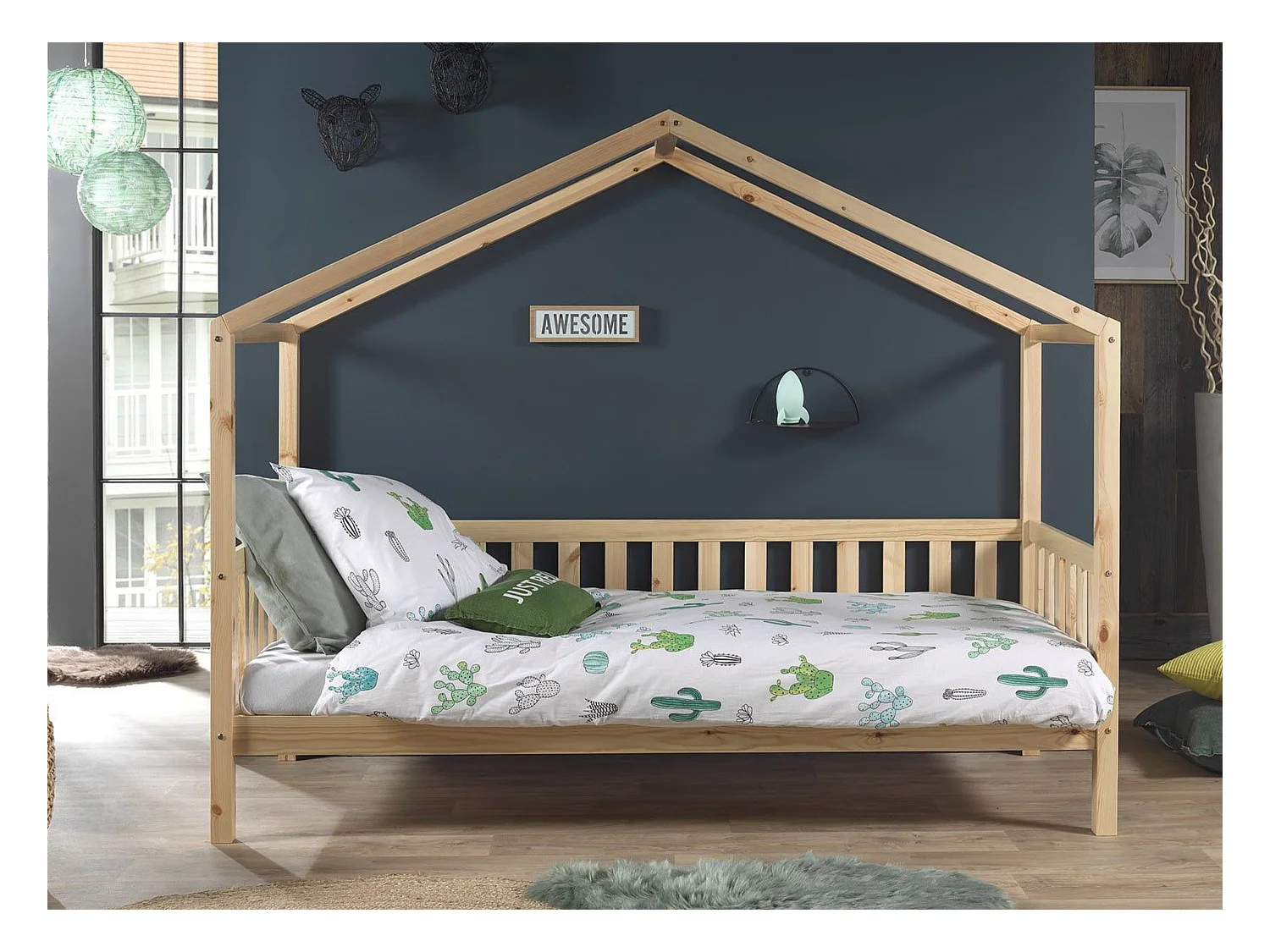 Cama cabina 90x200 cm y somier Bali de pino macizo claro