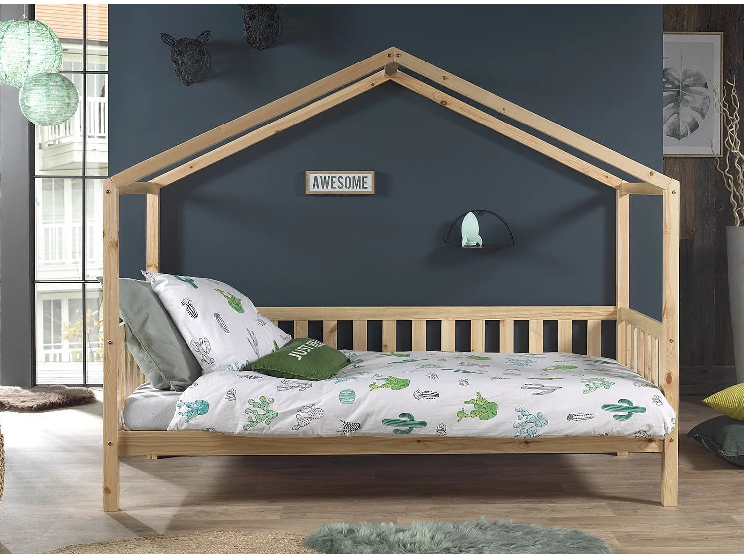 Lit Enfant Cabane & Barrière "Dallas II" 90x200cm Naturel