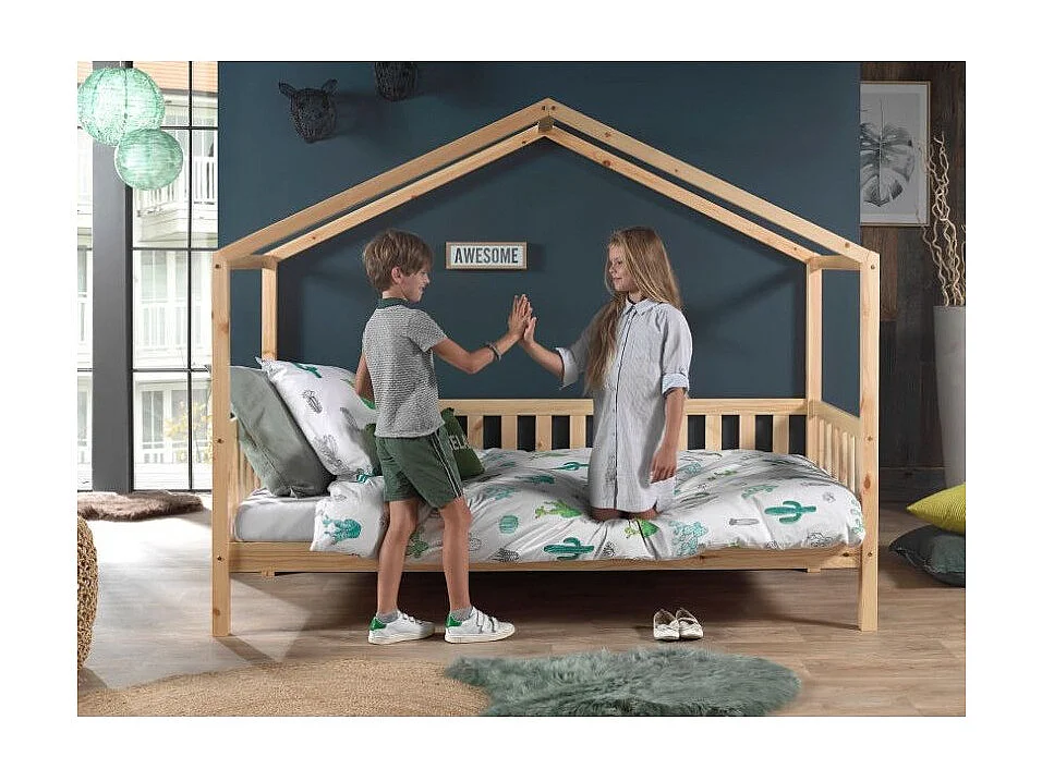 Lit Enfant Cabane & Barrière "Dallas II" 90x200cm Naturel