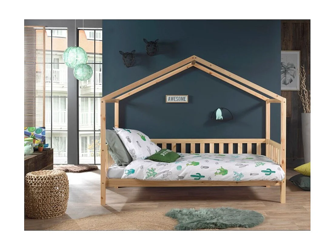 Lit Enfant Cabane & Barrière "Dallas II" 90x200cm Naturel