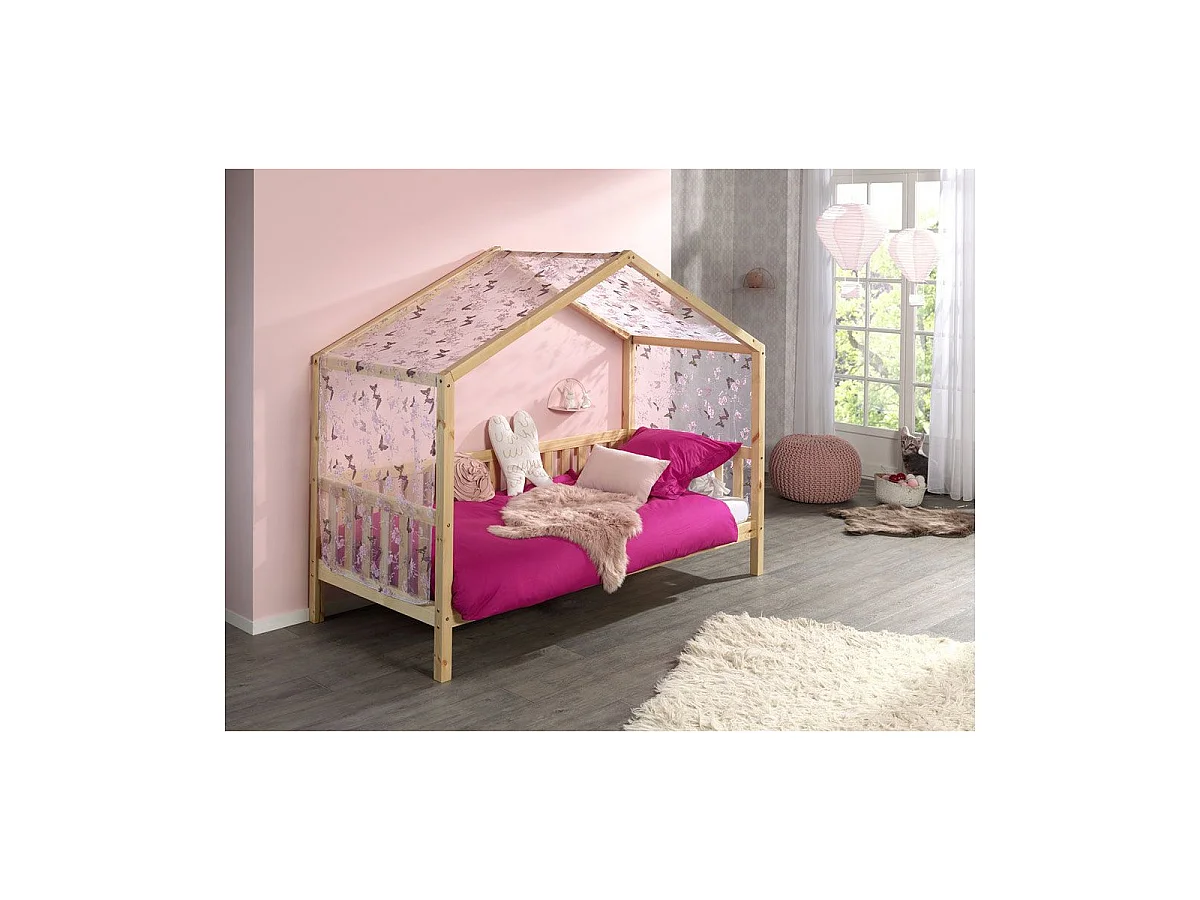 Lit Enfant Cabane & Barrière "Dallas II" 90x200cm Naturel