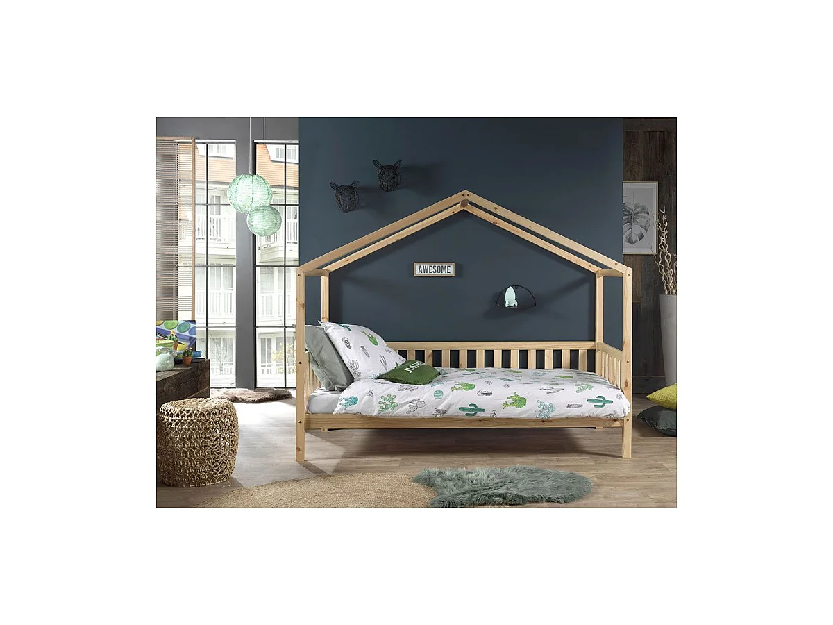 Lit Enfant Cabane & Barrière "Dallas II" 90x200cm Naturel