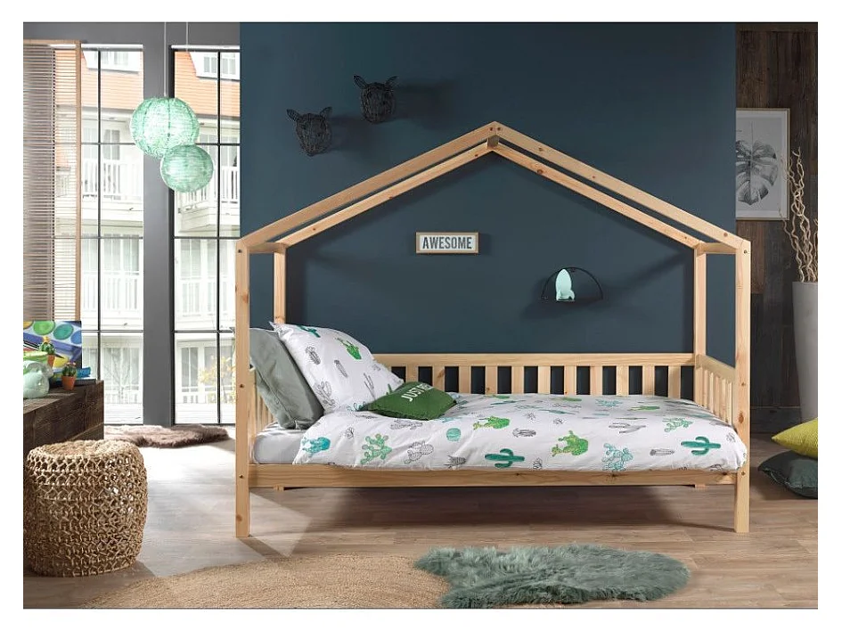 Lit Enfant Cabane & Barrière "Dallas II" 90x200cm Naturel