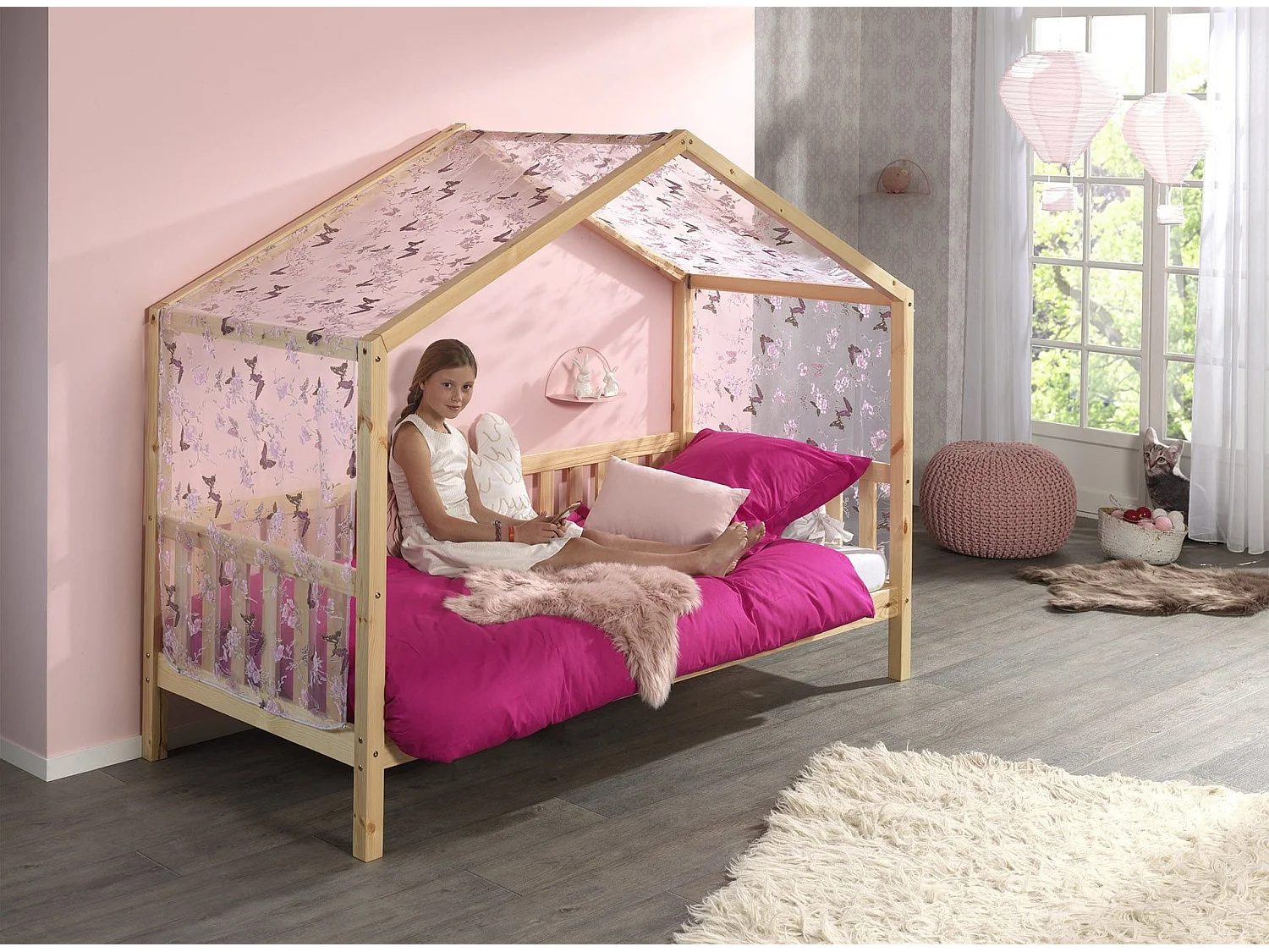 Lit Enfant Cabane & Barrière "Dallas II" 90x200cm Naturel