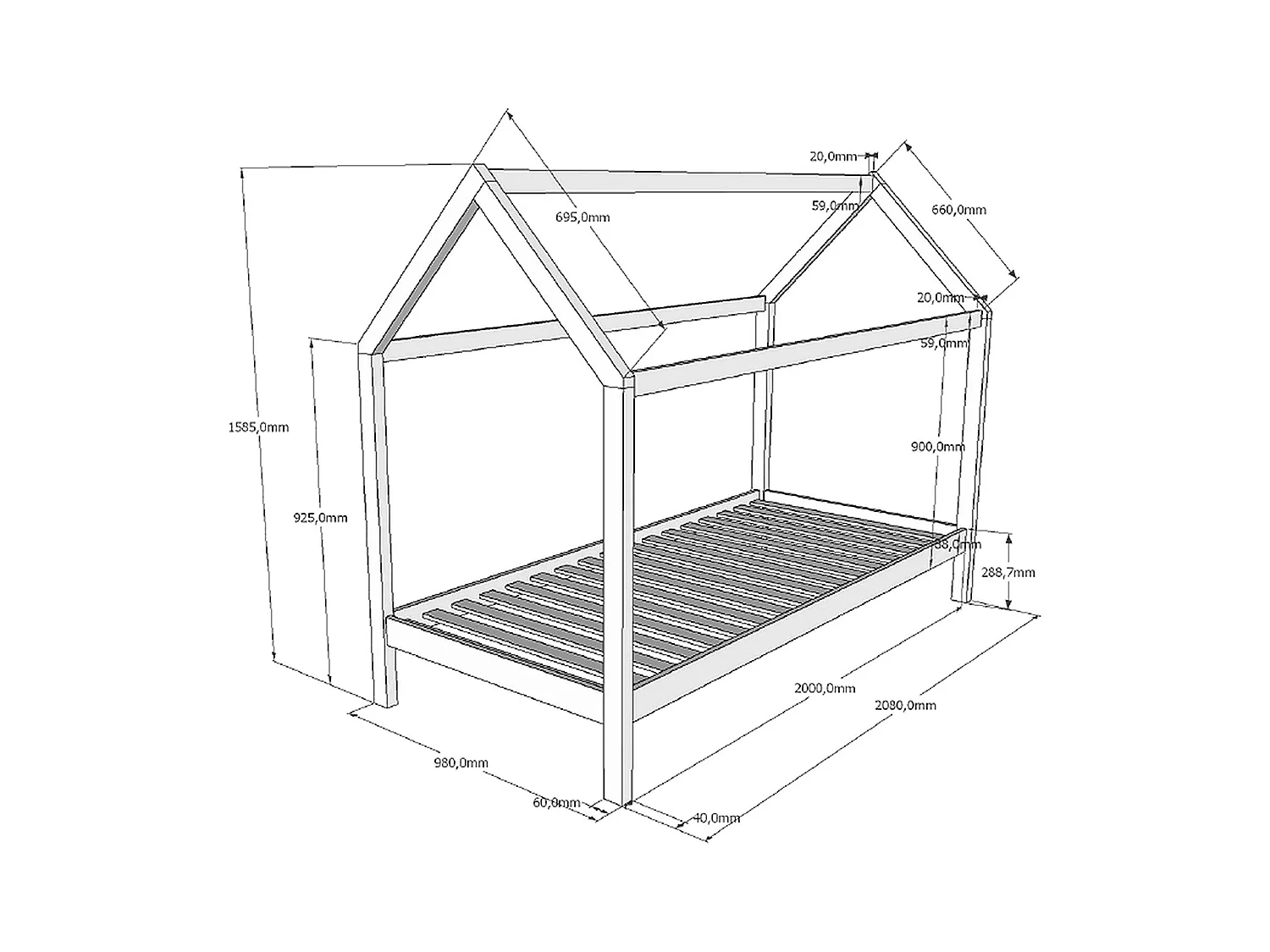 Cama cabina 90x200 cm y somier Kali de pino macizo claro