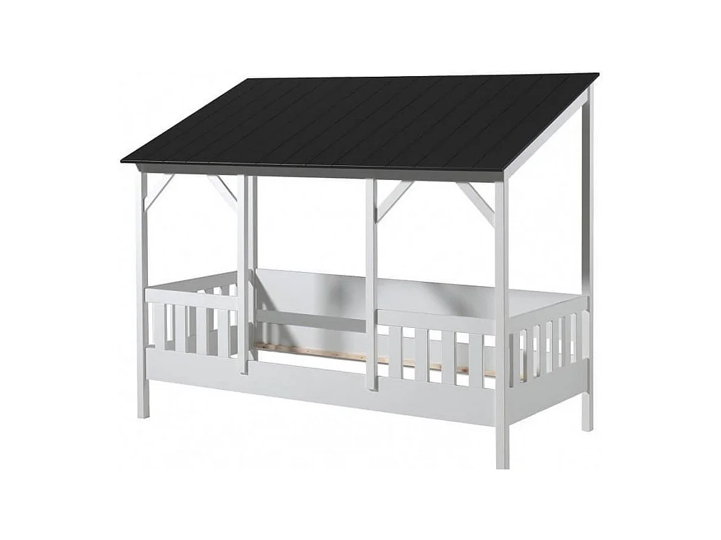 Pack - Lit Cabane Enfant & Sommier "Housebed III" 90x200cm Blanc & Noir