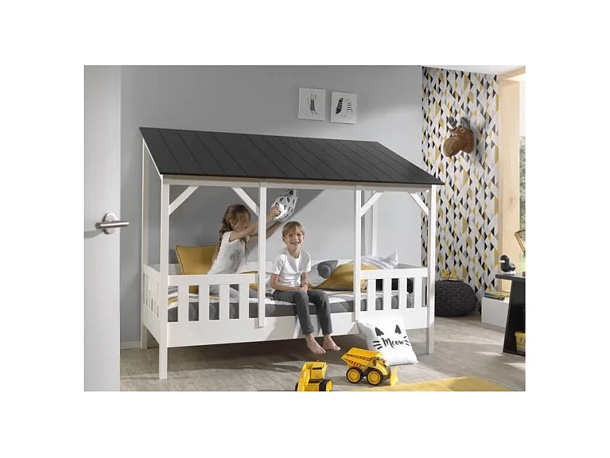 Pack - Lit Cabane Enfant & Sommier "Housebed III" 90x200cm Blanc & Noir