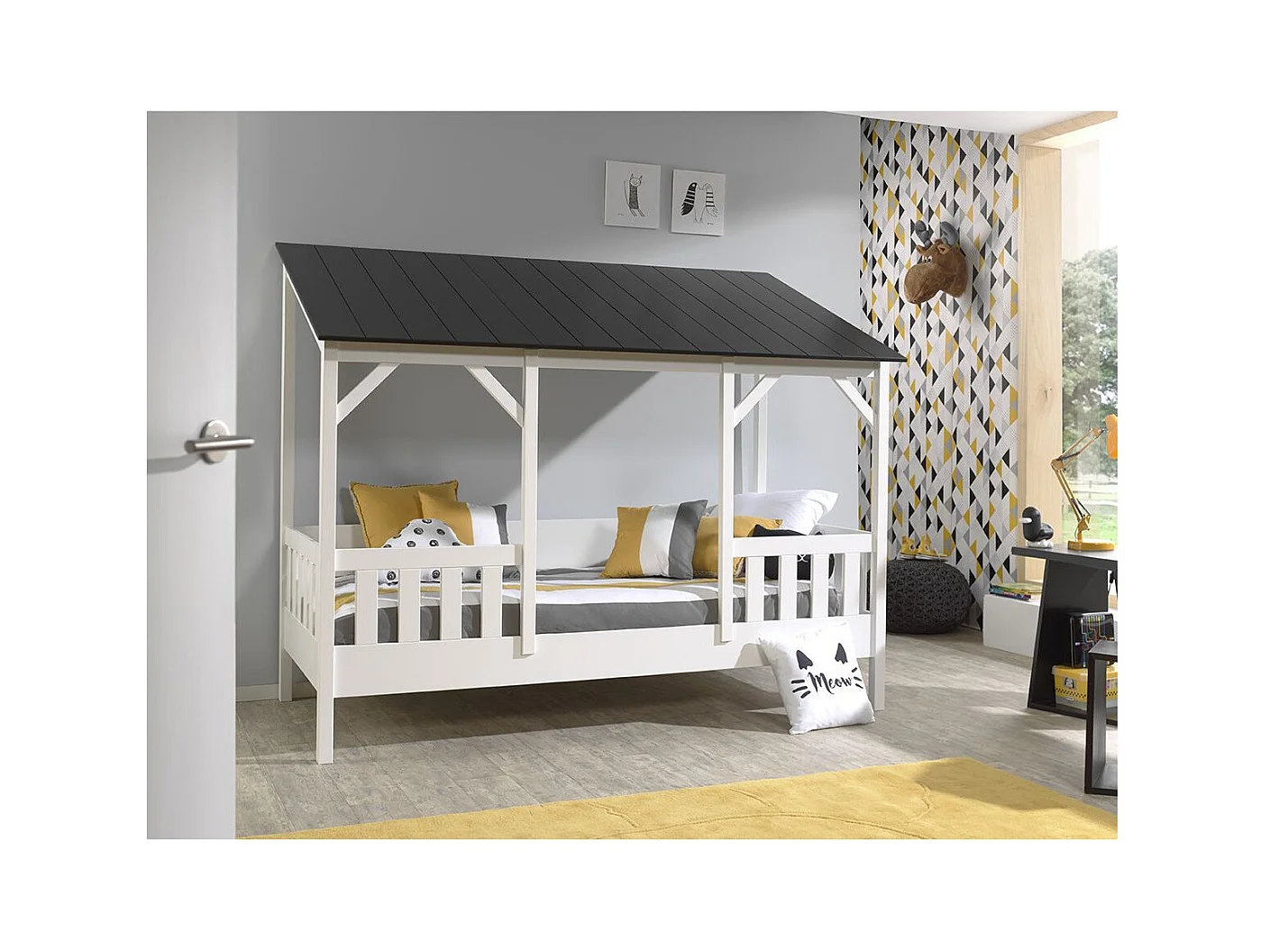 Pack - Lit Cabane Enfant & Sommier "Housebed III" 90x200cm Blanc & Noir