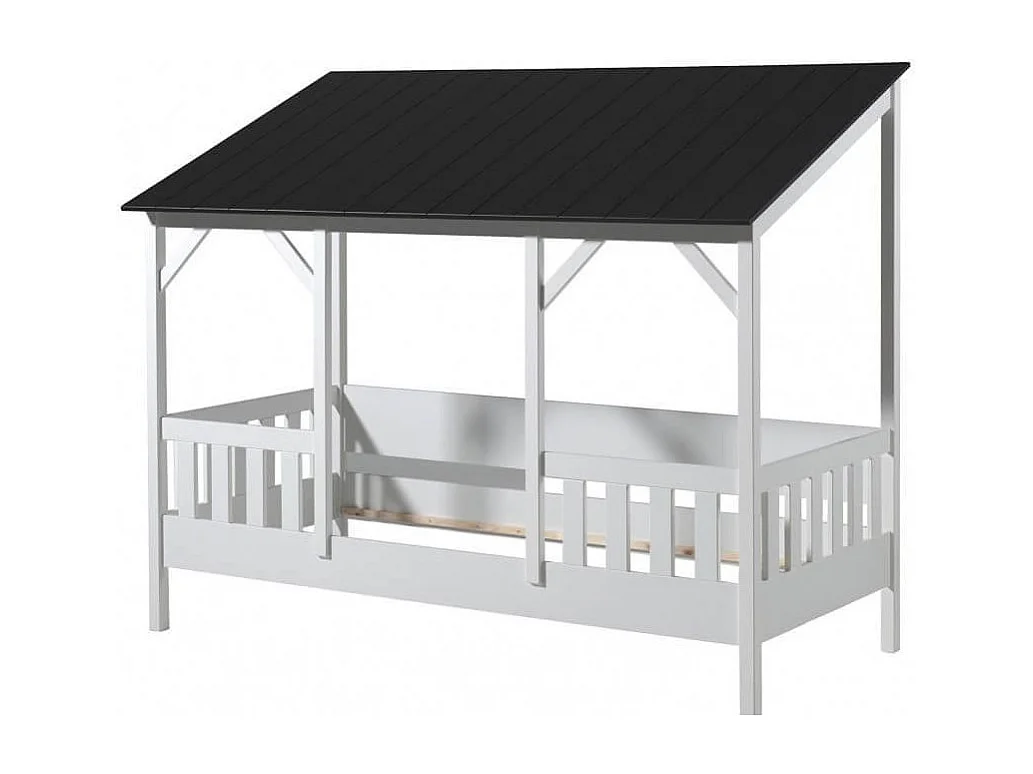Pack - Lit Cabane Enfant & Sommier "Housebed III" 90x200cm Blanc & Noir