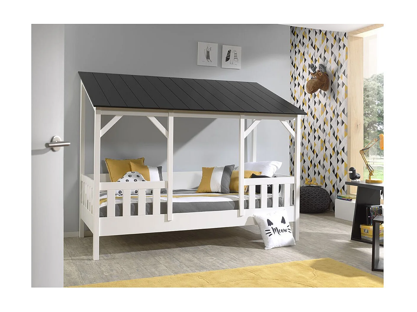 Pack - Lit Cabane Enfant & Sommier "Housebed III" 90x200cm Blanc & Noir