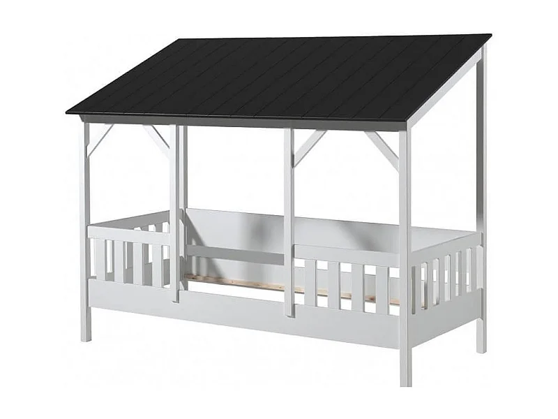 Pack - Lit Cabane Enfant & Sommier "Housebed III" 90x200cm Blanc & Noir