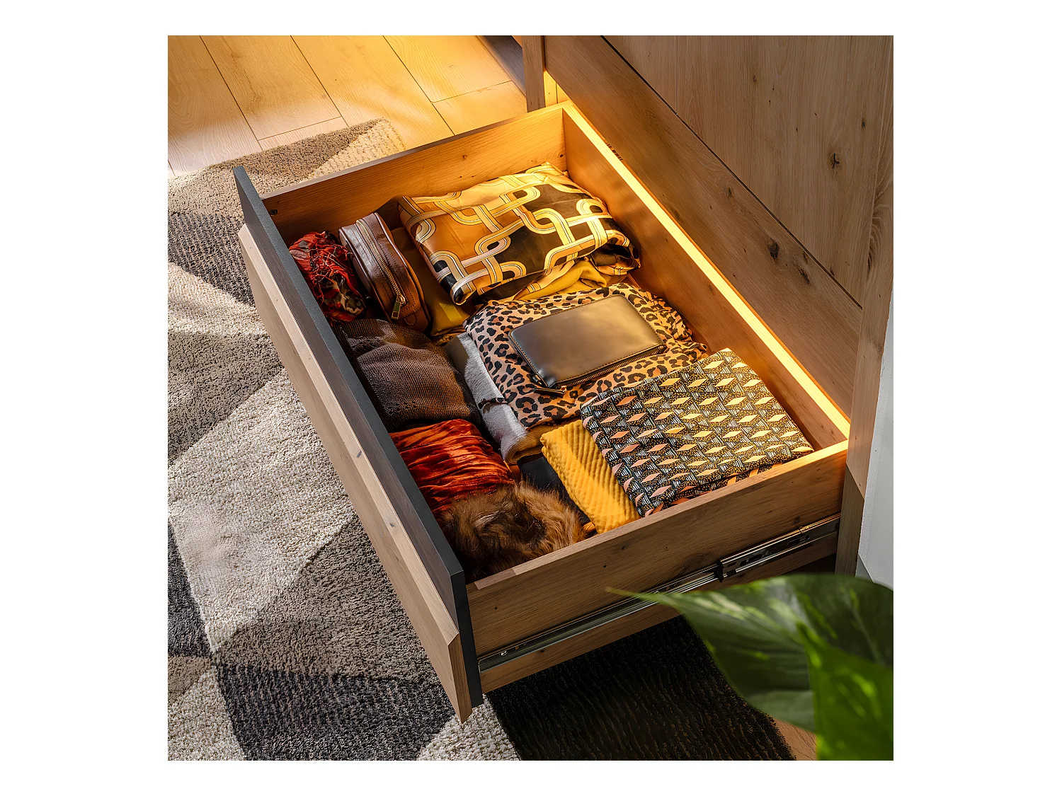 Armoire 2 portes 2 tiroirs avec LED Glenn Bois et Noir