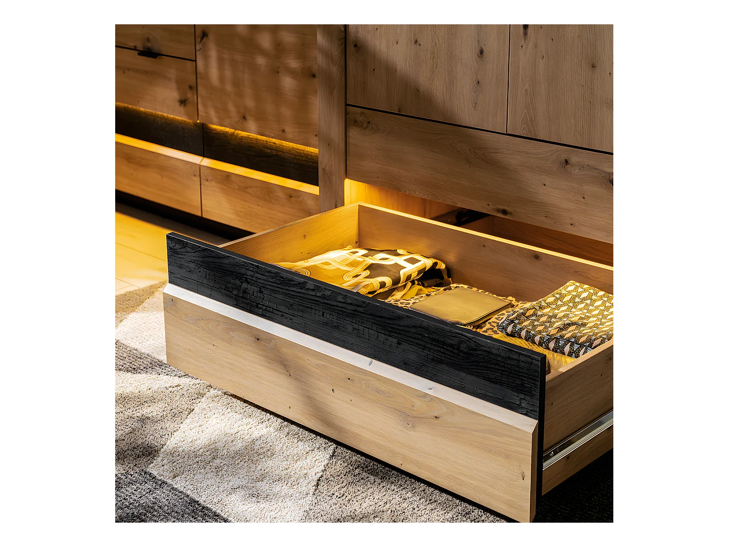 Armoire 2 portes 2 tiroirs avec LED Glenn Bois et Noir