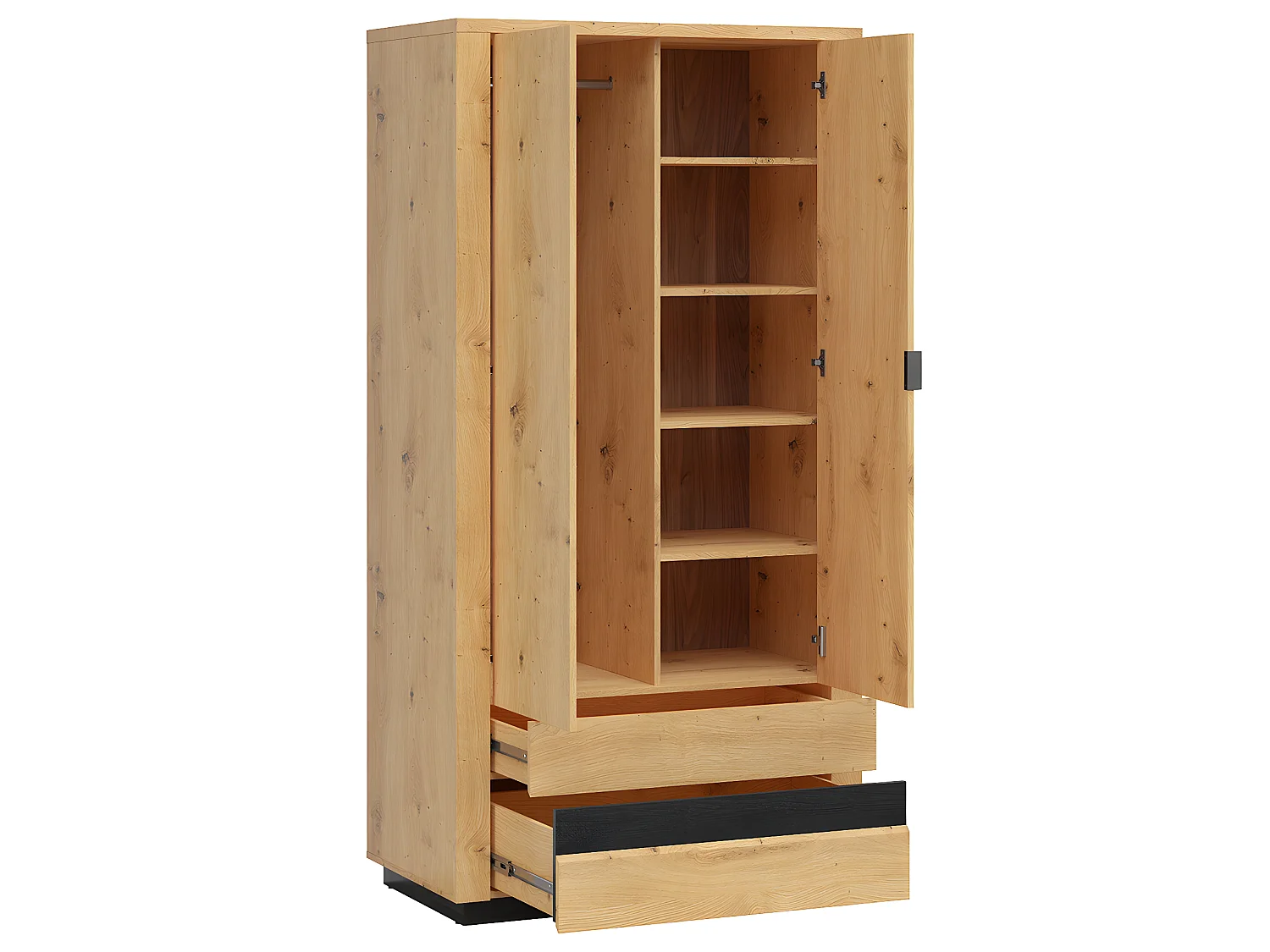 Schrank 2 Türen 2 Schubladen mit LED Glenn Holz und Schwarz