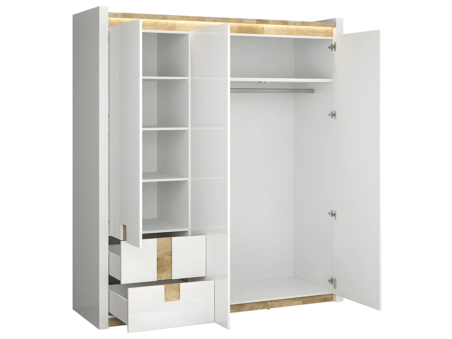 3-türiger Schrank mit LED Helios Lackweiß und Holz