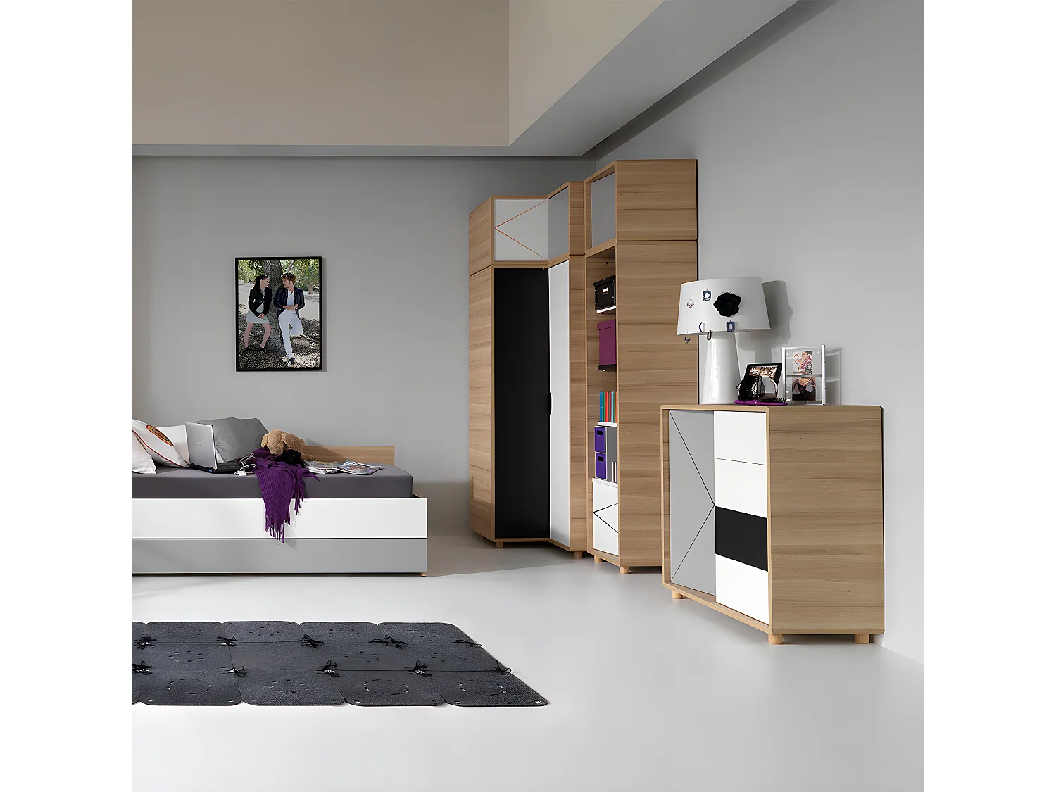 Armoire d'angle 2 portes Evolve Bois Blanc et Noir