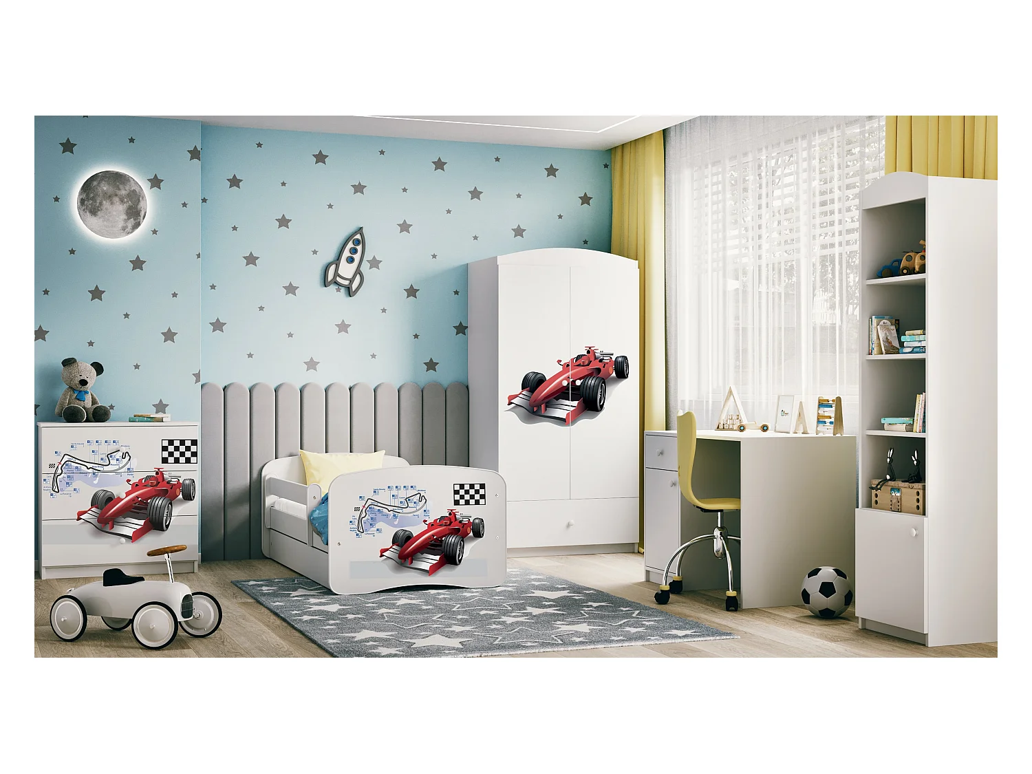 Schrank 2 Türen 1 Schublade Kocot Kids Babydream Rennwagen - Weiß