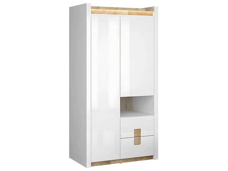 Armoire 2 portes 2 tiroirs 1 niche avec LED Helios Blanc laqué et Bois