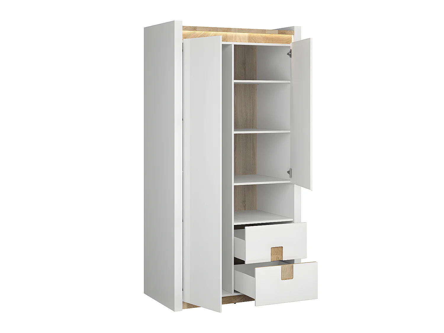2-deurs kast met 2 lades en 1 nis met LED Helios Wit lak en Hout