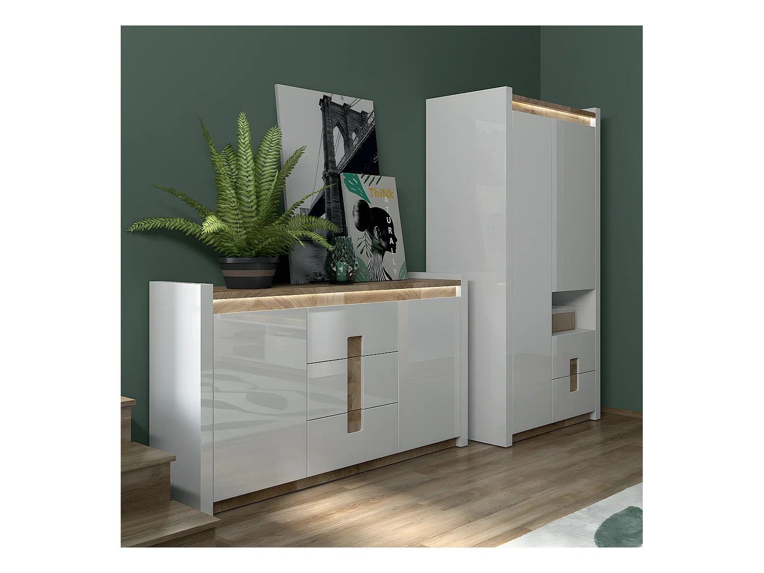 2-deurs kast met 2 lades en 1 nis met LED Helios Wit lak en Hout