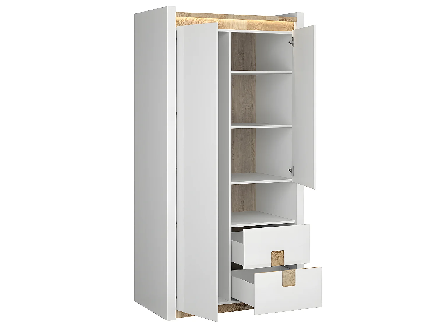 2-deurs kast met 2 lades en 1 nis met LED Helios Wit lak en Hout