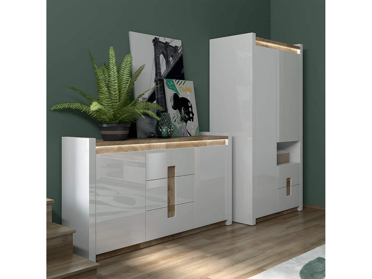 2-deurs kast met 2 lades en 1 nis met LED Helios Wit lak en Hout