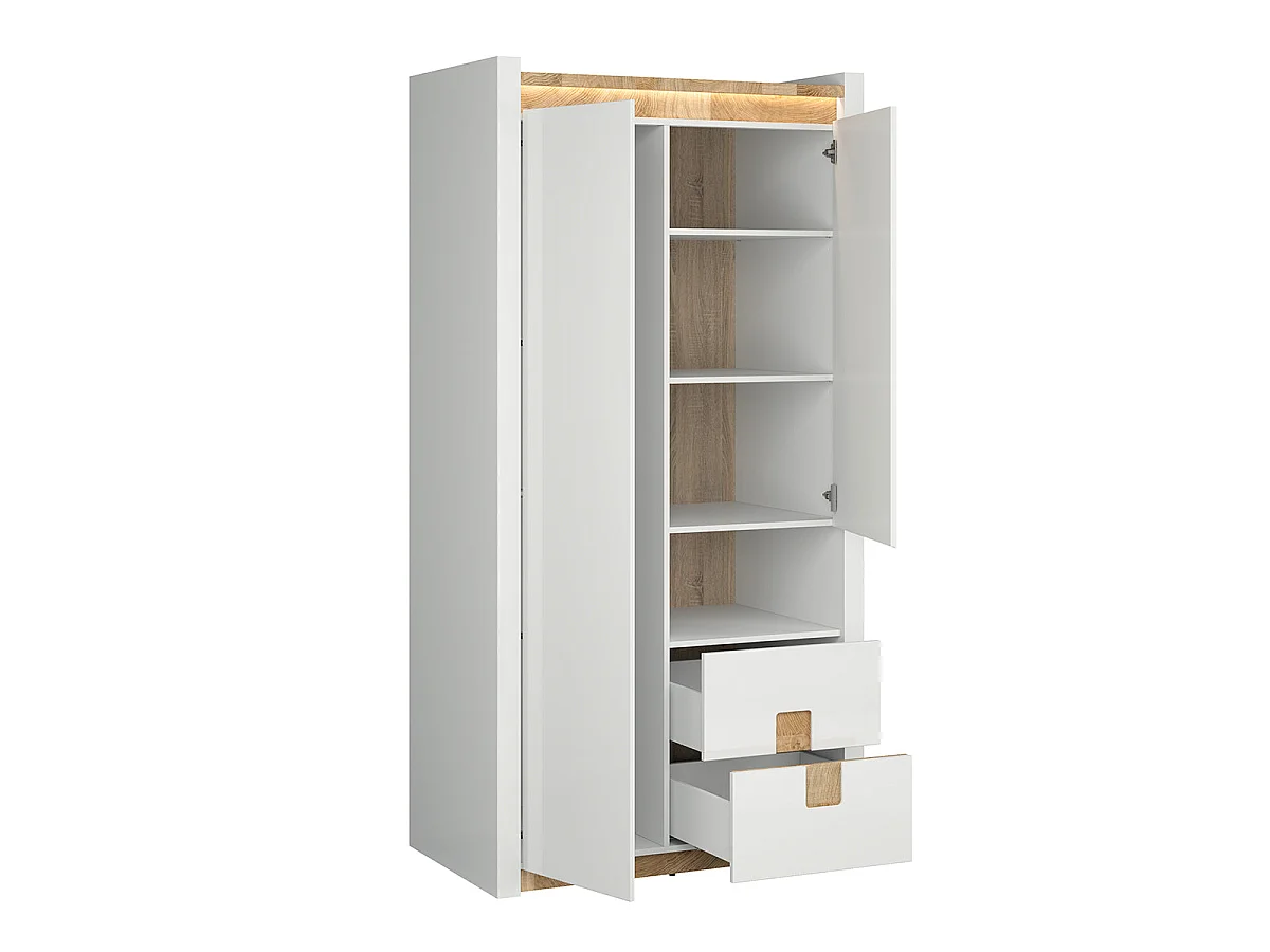 2-dørs 2-skuffe 1-niche garderobeskab med LED Helios Hvid lak og træ