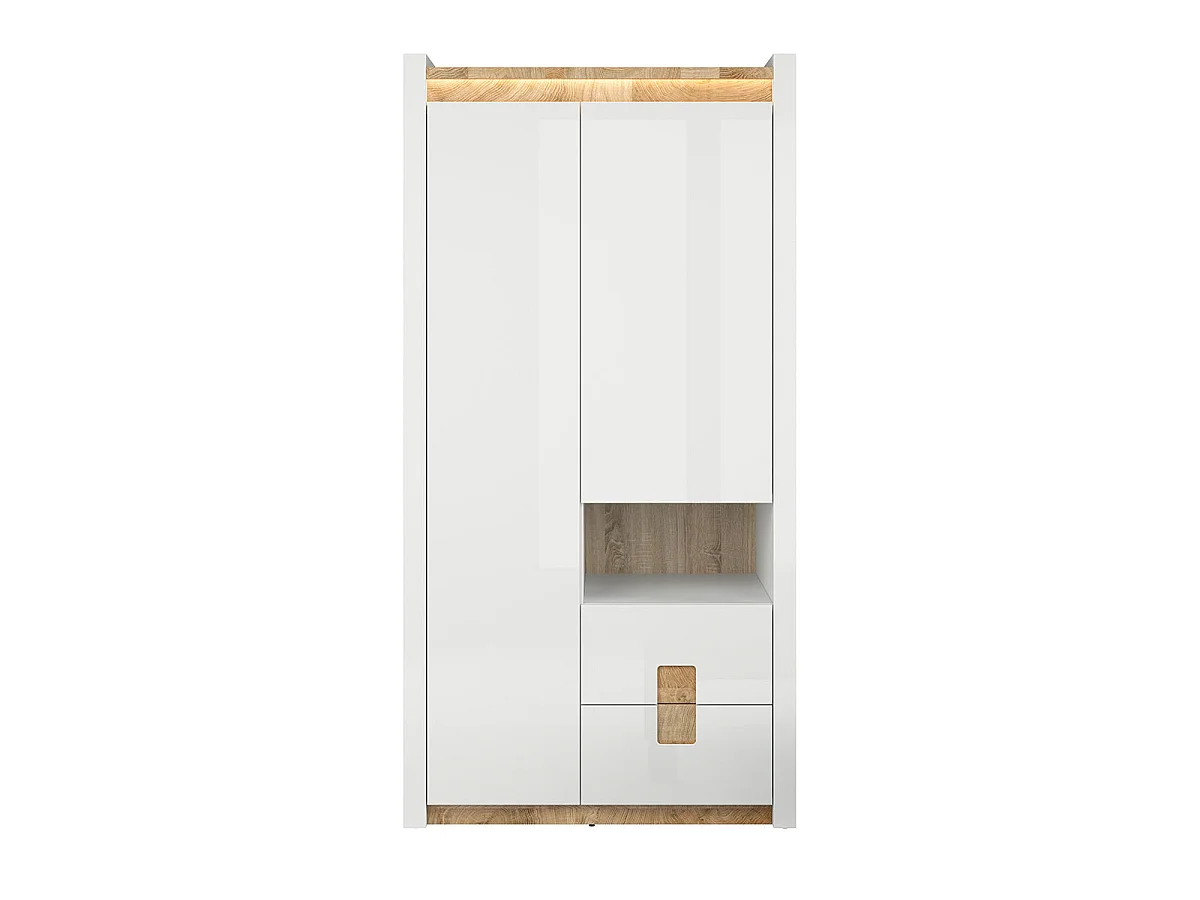 2-dørs 2-skuffe 1-niche garderobeskab med LED Helios Hvid lak og træ