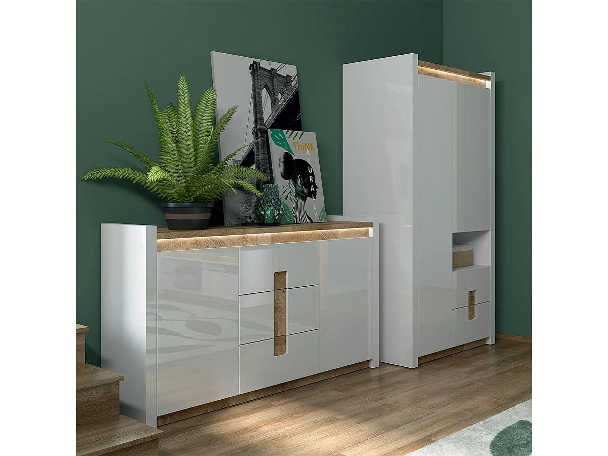 2-dørs 2-skuffe 1-niche garderobeskab med LED Helios Hvid lak og træ