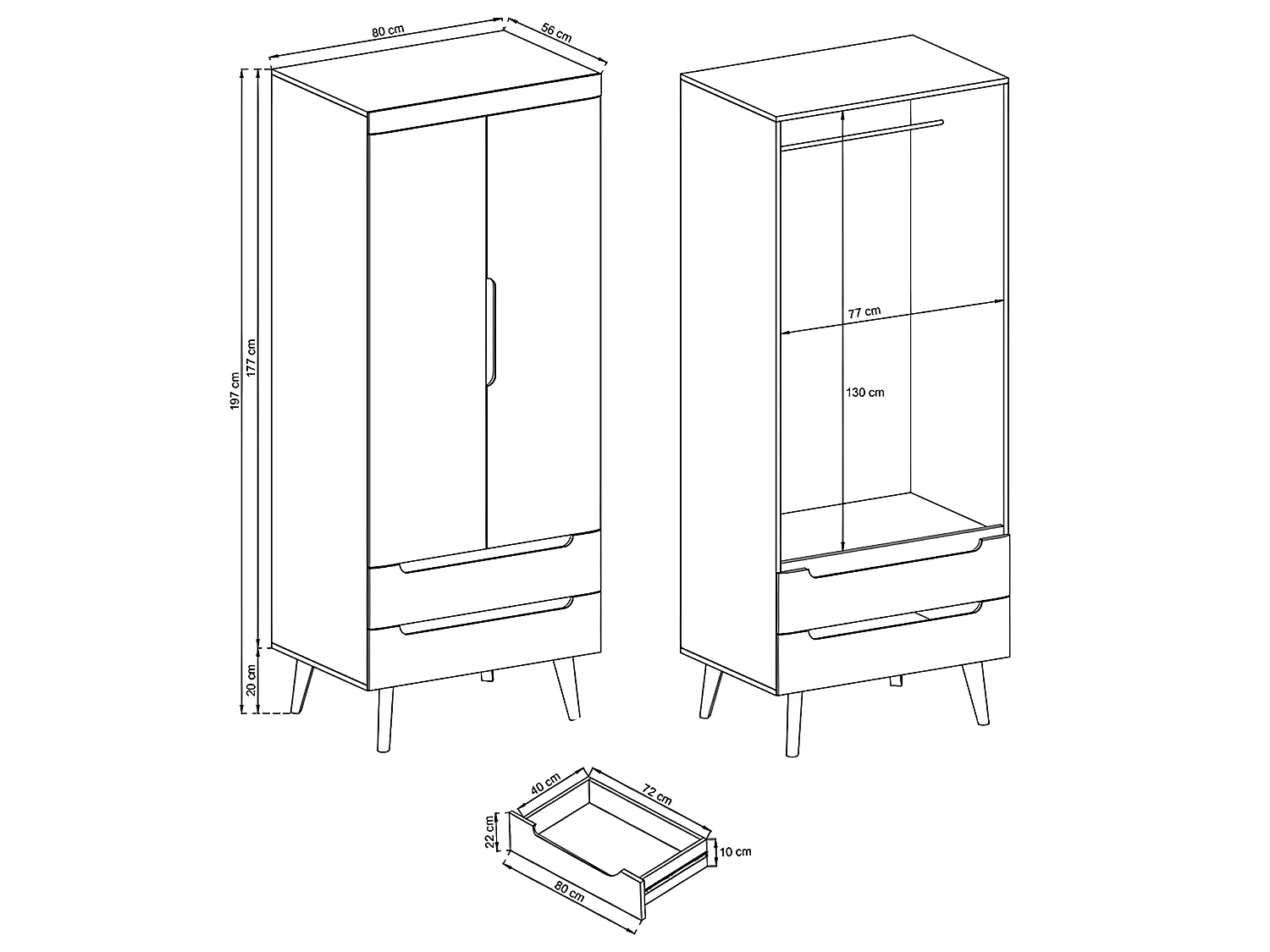 Armoire 2 portes 2 tiroirs Lana Bois et Noir