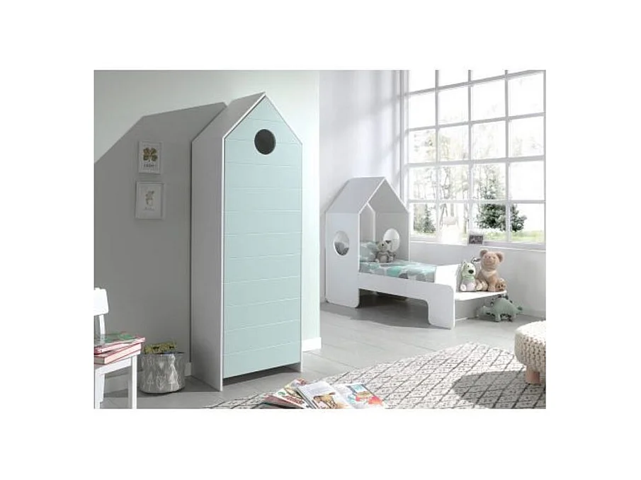 Armario infantil 1 puerta cabaña playa madera lacada verde menta Camila