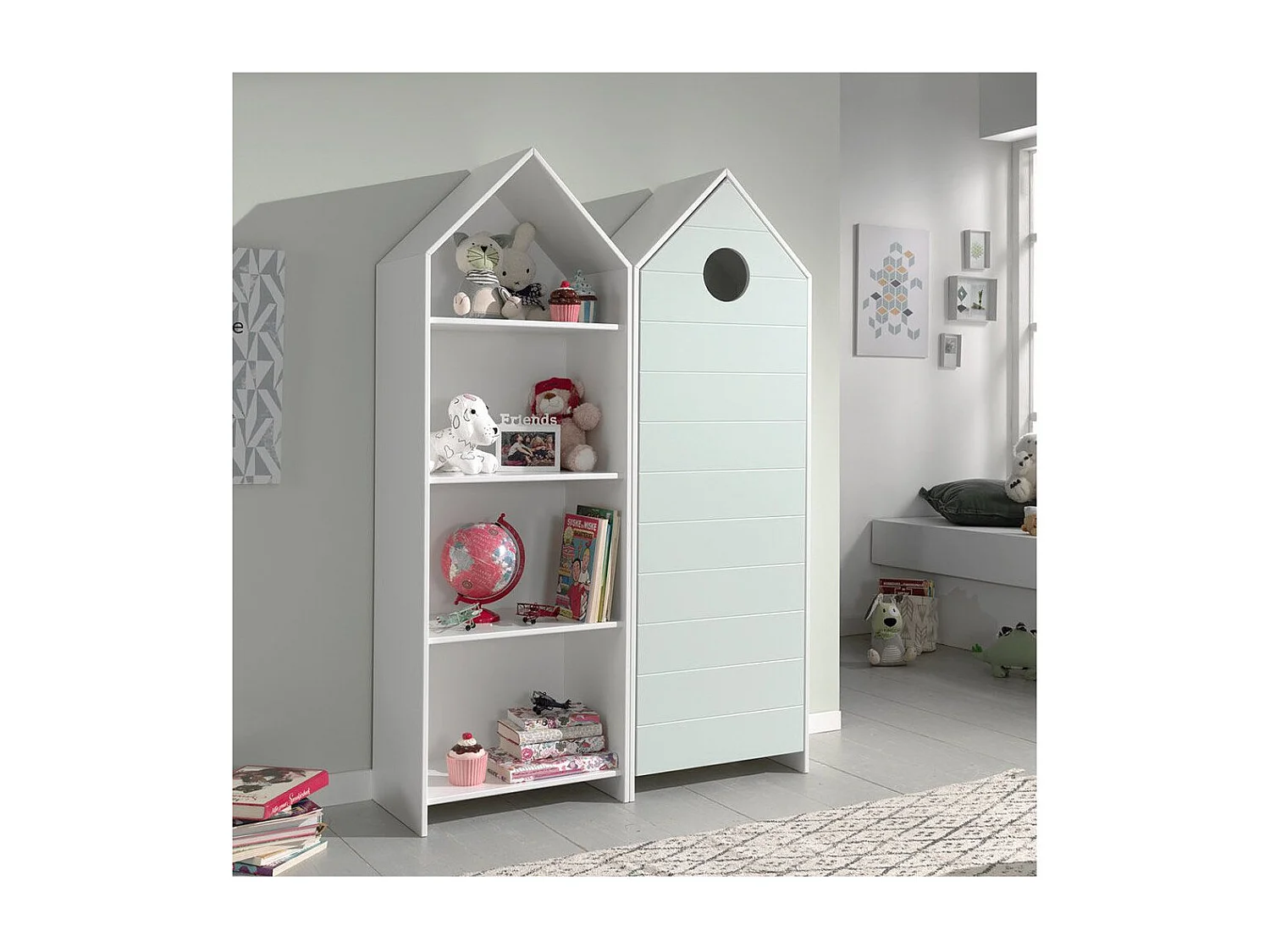 Armario infantil 1 puerta cabaña playa madera lacada verde menta Camila