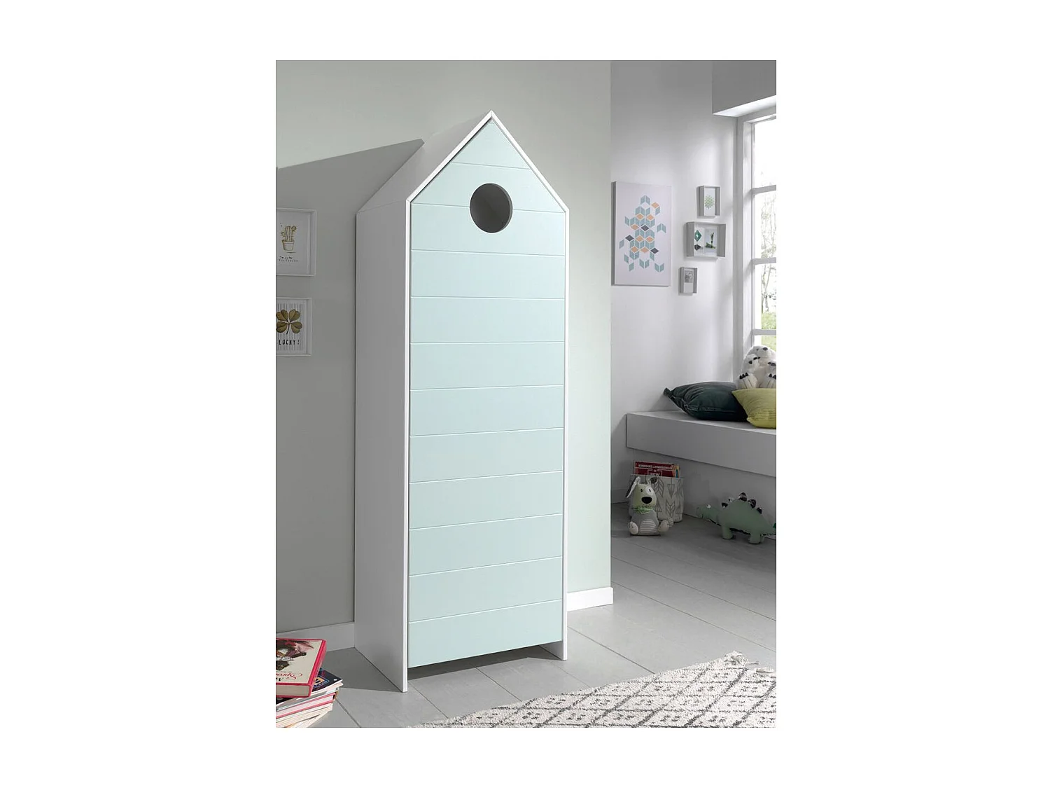 Armario infantil 1 puerta cabaña playa madera lacada verde menta Camila