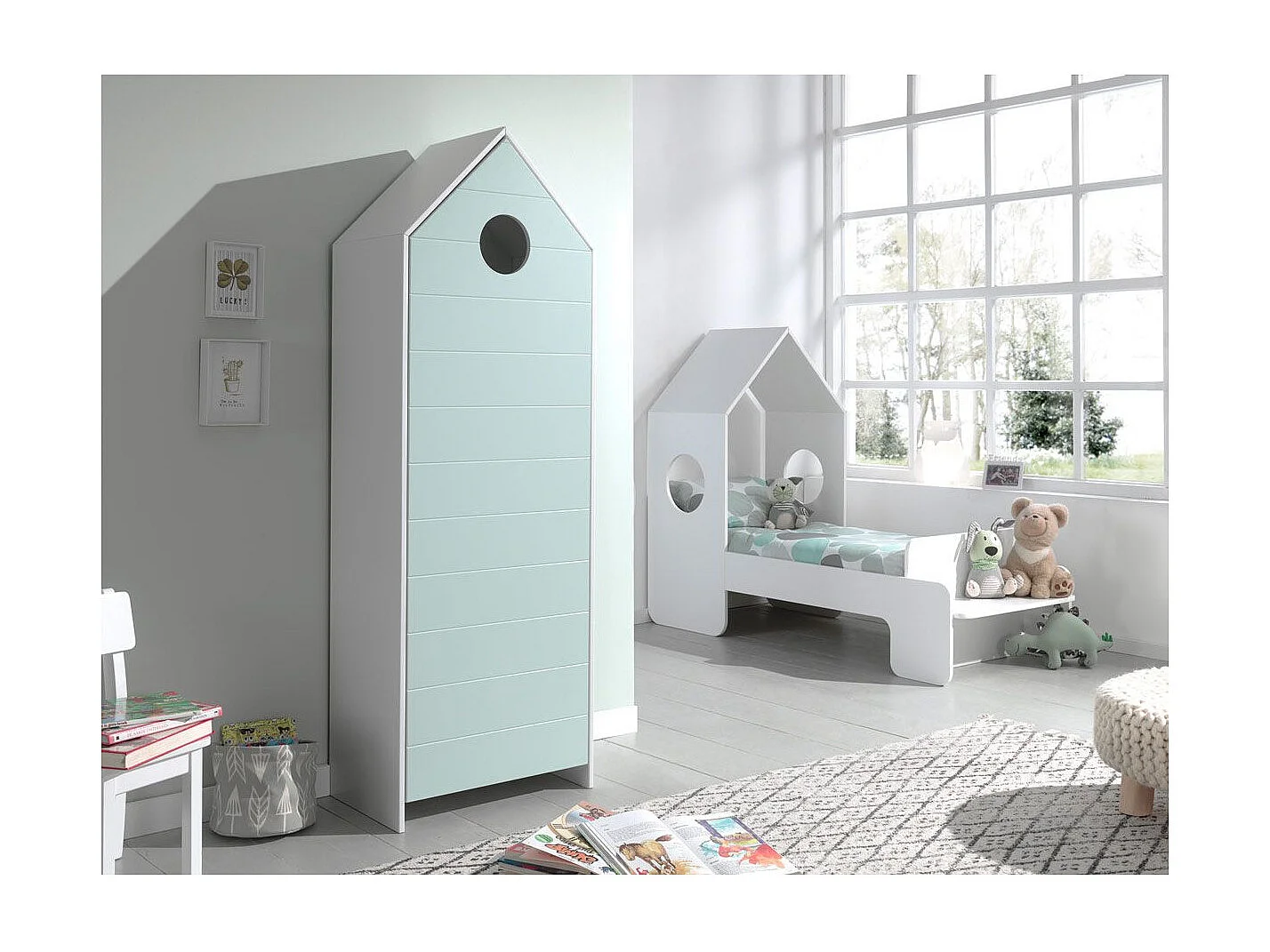 Armario infantil 1 puerta cabaña playa madera lacada verde menta Camila