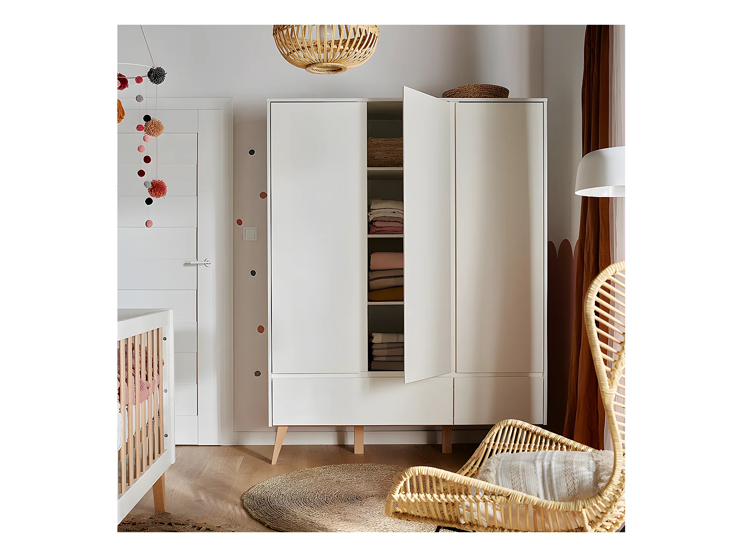 Armoire 3 portes 2 tiroirs Swing - Blanc et bois