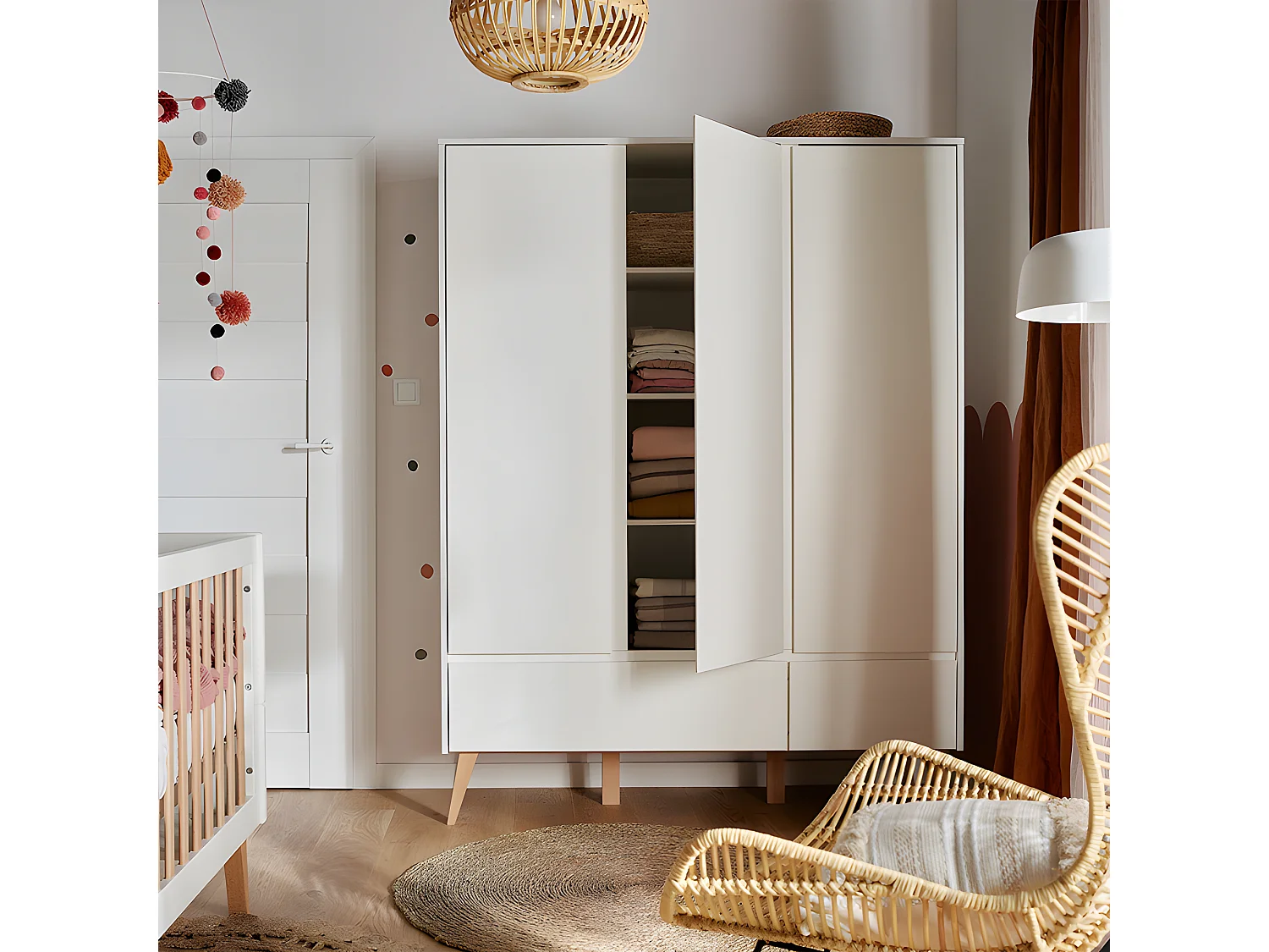 Armoire 3 portes 2 tiroirs Swing - Blanc et bois