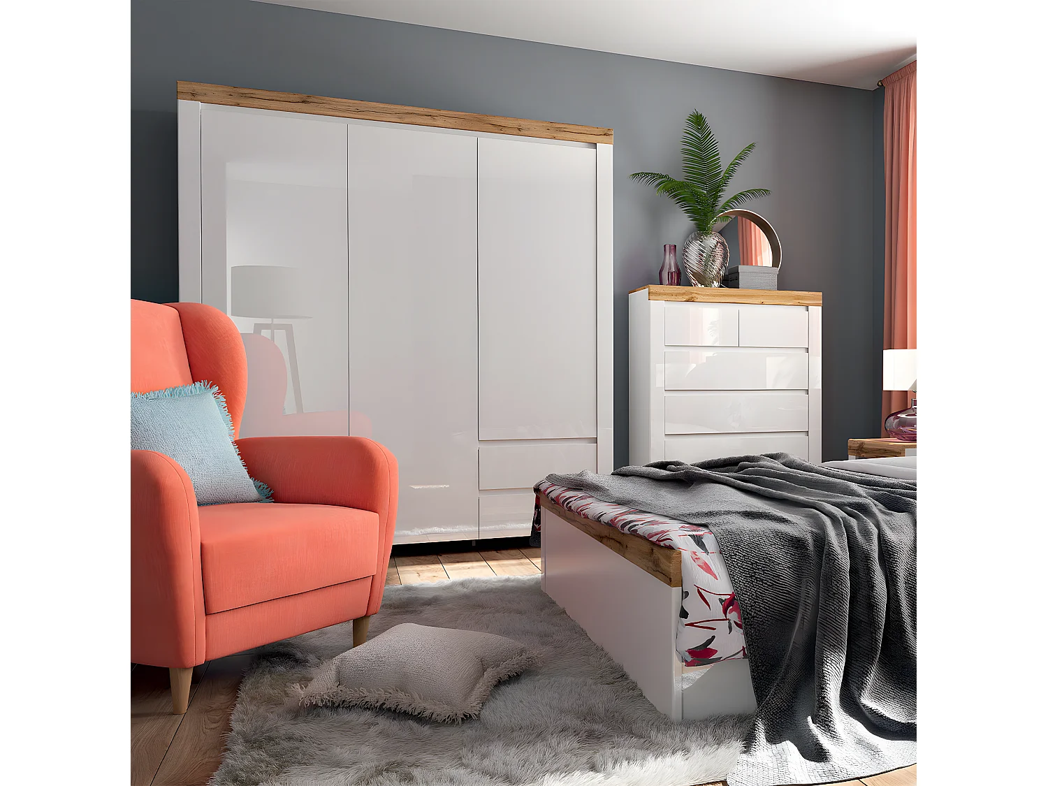 Armoire 3 portes 2 tiroirs Hella Blanc et Bois